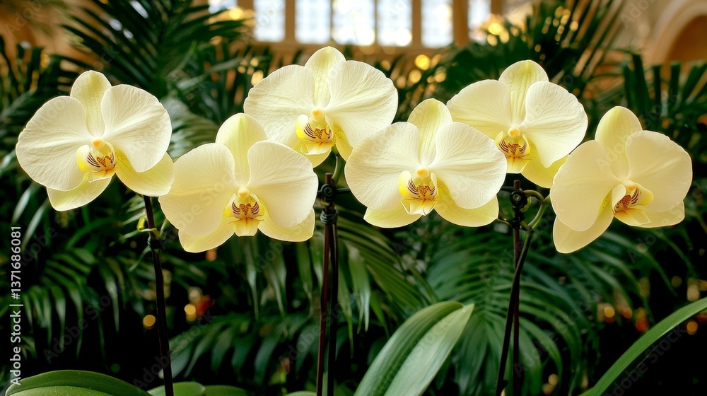 Fototapeta premium Beautiful Yellow Orchid Blooms Amidst Lush Green Foliage in Soft Focus Background