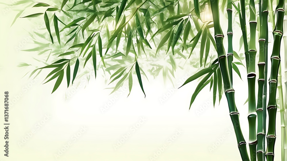 Green bamboo stems and leaves isolated on white background. Watercolor hand drawn botanical illustration with space for text. Watercolor card background. Green bamboo stems and leaves isolated on white background. Watercolor hand drawn botanical illustration with space for text. Watercolor card background.