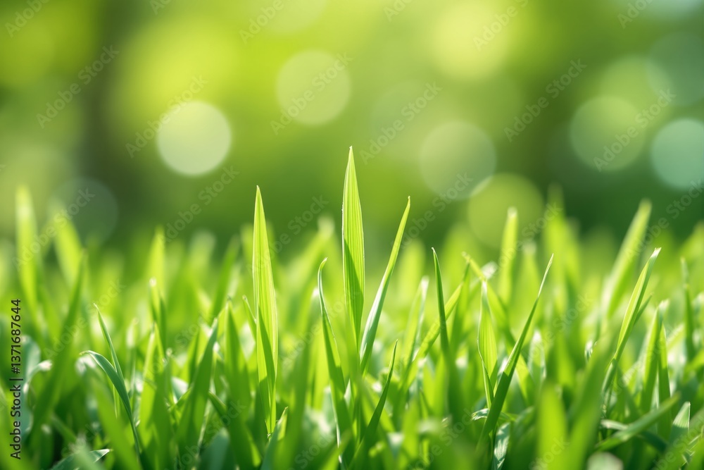 Obraz premium Lush green grass blades with sunlight and soft bokeh background, natural style, defocused backdrop, concept of freshness and growth. Ai generative