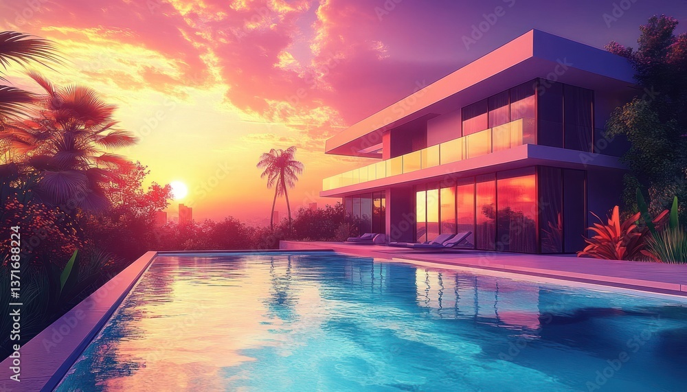 Fototapeta premium Modern Minimalist Villa with Swimming Pool and Lush Greenery at Sunset