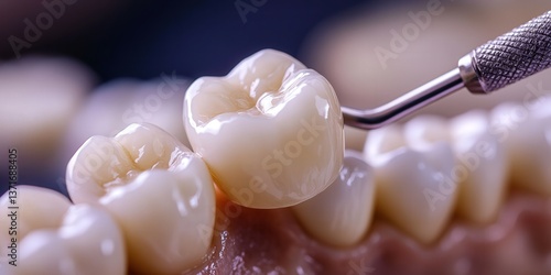 Close-up of a dental restoration showcasing a lifelike ceramic crown.