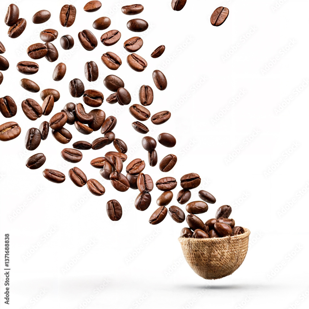 Obraz premium Coffee beans falling in the air isolated on a white background. Coffee beans flying.