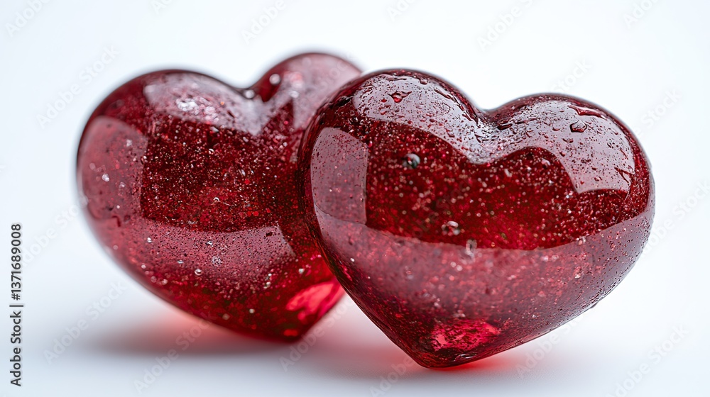 Fototapeta premium Two shiny red hearts rest on a white background, creating a romantic atmosphere for Valentine's, Women's Day, or any love celebration.
