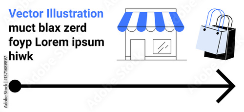 Shopfront with blue details, shopping bags, and an arrow symbol for direction. Ideal for retail, e-commerce, delivery, business, navigation design or advertisement. Flat landing page banner