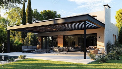 Construction Project of a Bioclimatic Pergola or Veranda for a Modern White Family House