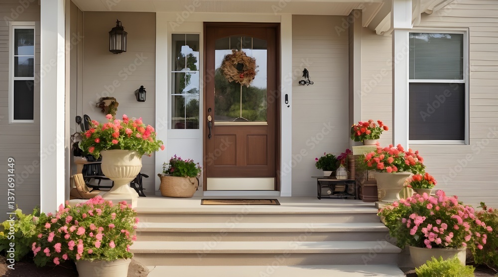 Welcoming front porch with flowers steps.generative.ai Welcoming front porch with flowers steps.generative.ai