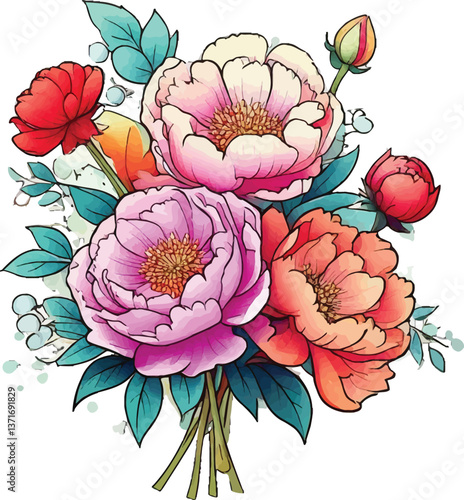 Aesthetic peony bouquet design with pink, red, orange tones. Elegant illustration of colorful peonies, greenery for floral art lovers. Vibrant, hand-drawn flower bouquet with pink, red, cream peonies