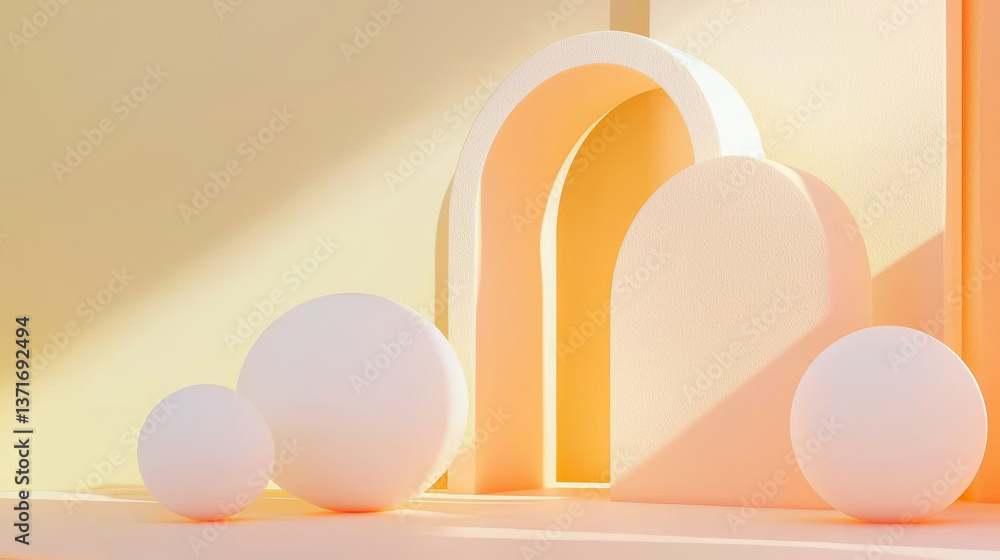 Fototapeta premium 3D abstract arches modern stage fashion orange white arcade modern geometric with glowing curved lines minimalism hallway lobby wallpaper. party music relaxing product display spa background 