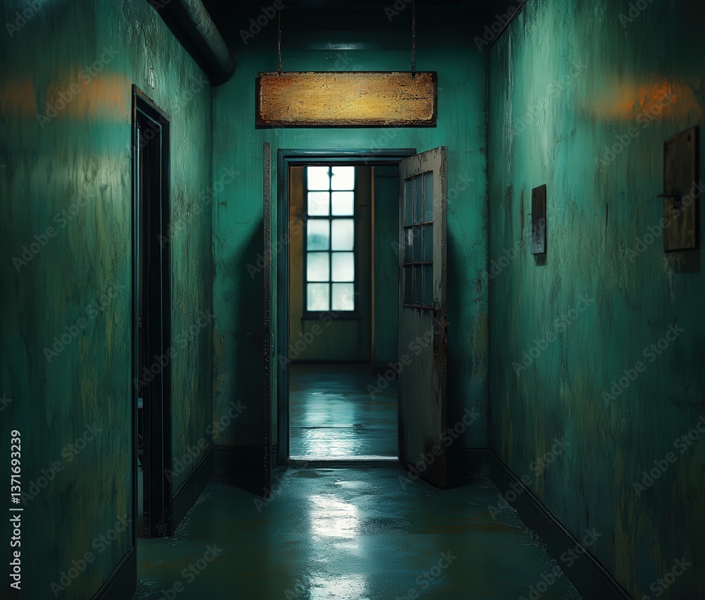 Obraz premium Dimly lit, eerie green hallway with an open door leading to a windowed room.