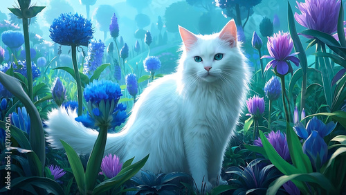 White fluffy cat amidst blue and purple flowers in a magical garden