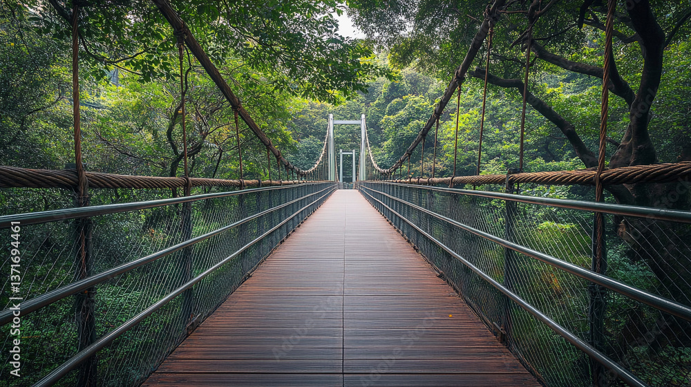 A long suspension bridge stretching over lush green forest canopy with metal railings and wooden planks A long suspension bridge stretching over lush green forest canopy with metal railings and wooden planks