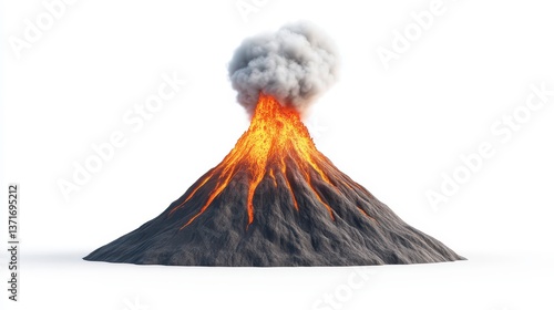 Active Volcano Erupting Lava and Smoke Isolated on White Background photo