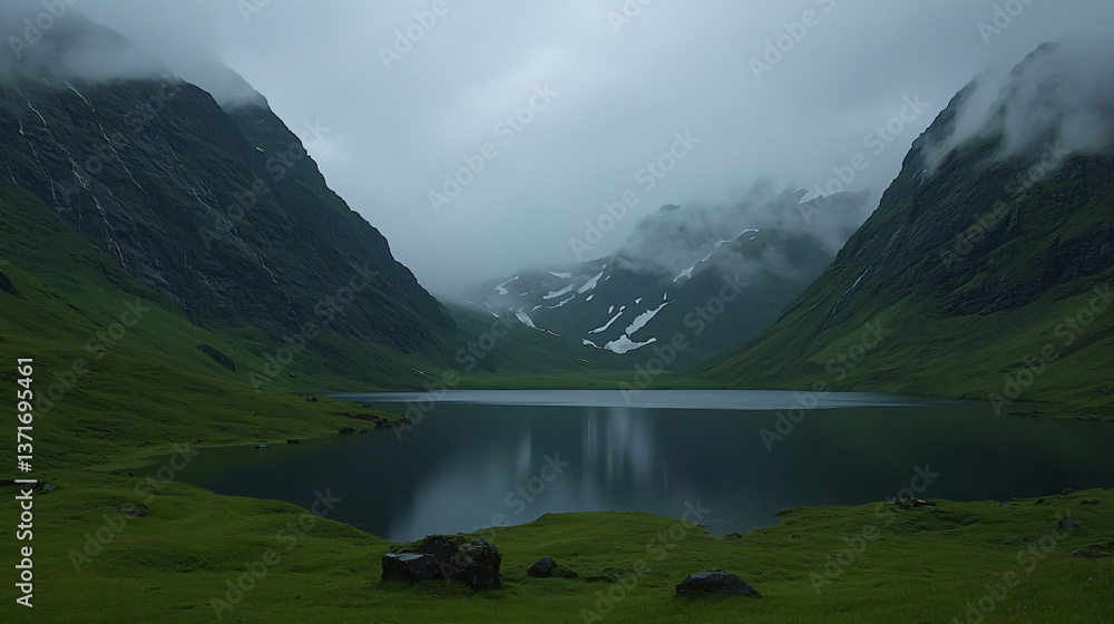 Fototapeta premium Serene mountain lake nestled in a lush valley surrounded by majestic peaks and soft fog with cinematic lighting creating a dreamy scene.