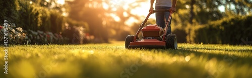 A person mowing a lush green lawn with a push mower during a golden hour sunset.