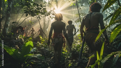 Fototapeta Naklejka Na Ścianę i Meble -  Indigenous Tribe Walking Through Lush Jungle with Sunlight Rays