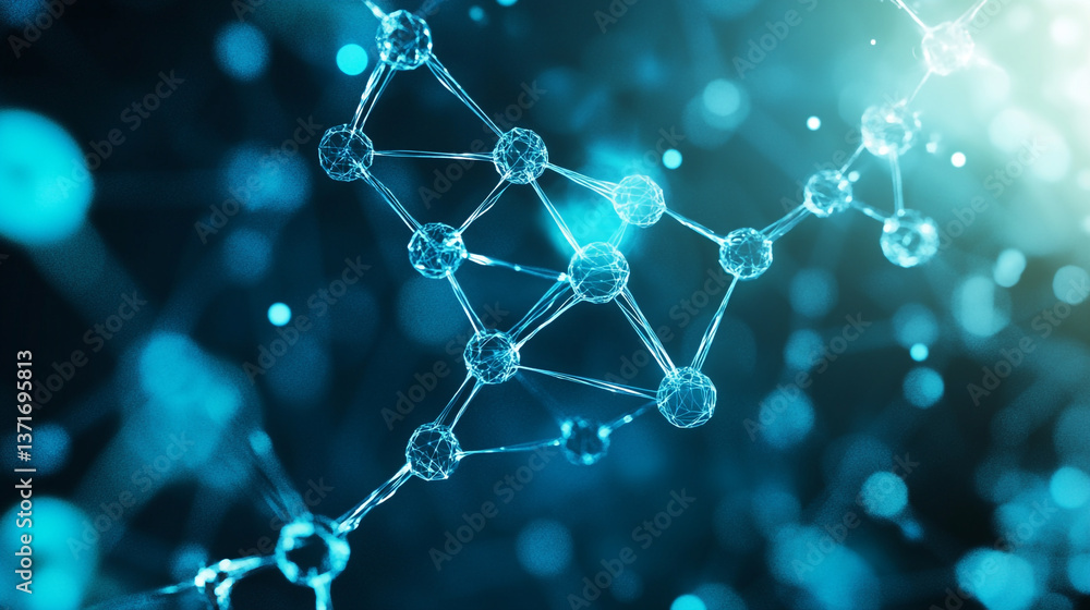 A close up view of a blue molecular structure with connecting lines and glowing light effect A close up view of a blue molecular structure with connecting lines and glowing light effect