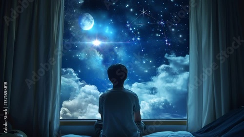 Child sitting on bed gazing at full moon, stars, and dreamy night sky through bedroom window under clouds. Cosmic wonder concept
