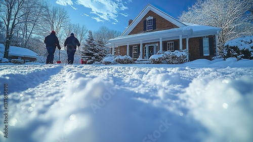 Unrecognizable homeowners are shoveling snow on the front porch of a house.