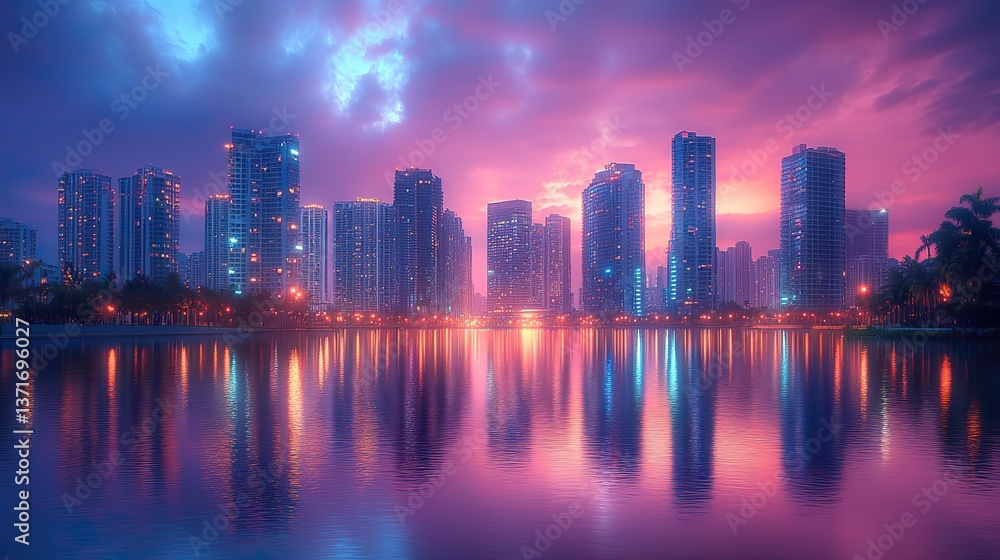 Fototapeta premium Urban skyscrapers reflect on calm waters during sunset, a breathtaking cityscape panorama with colorful hues.