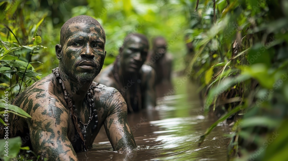 Obraz premium Tribal warriors in camouflage posing in lush green jungle waterway