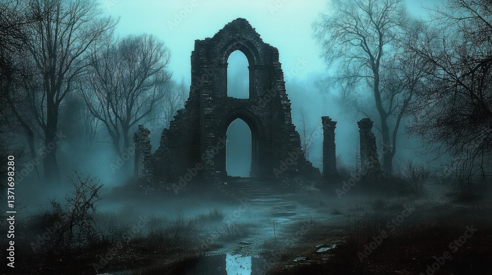 Obraz premium Eerie Ghost Haunting Ancient Cathedral Ruins in a Foggy Forest by a Dark Lake