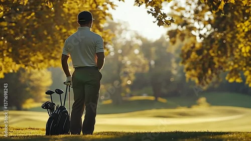 Golfer Standing on a Golf Course at Sunset