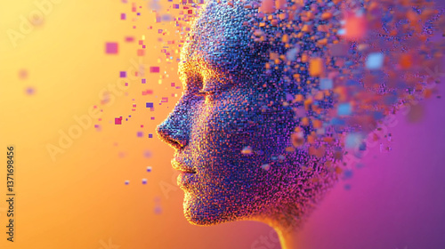 Abstract digital human face disintegrating into colorful squares on a gradient background