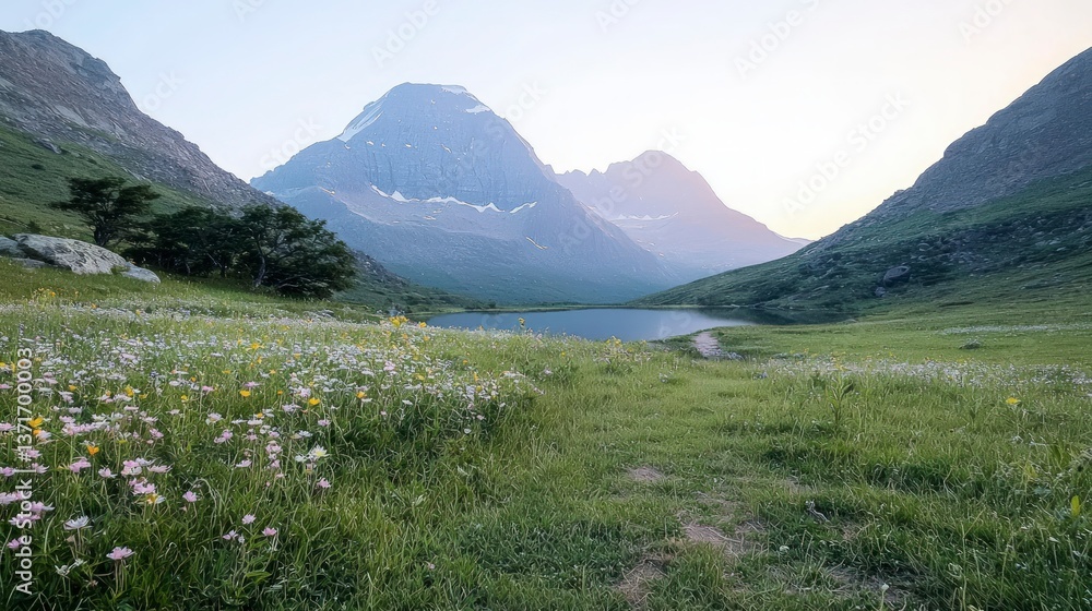 Fototapeta premium Serene Mountain Lake Wildflower Meadow Panorama