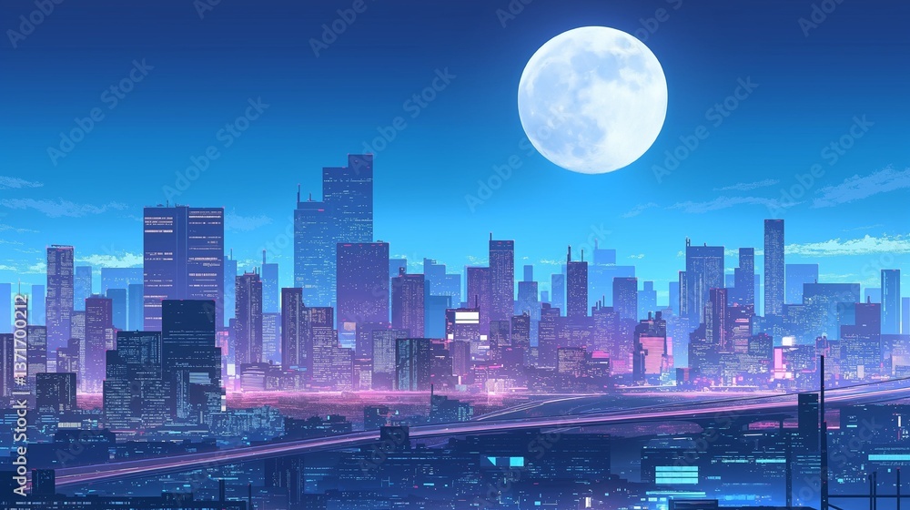 ブルーとピンクが美しい都会の夜景イラスト・レトロ調 ブルーとピンクが美しい都会の夜景イラスト・レトロ調