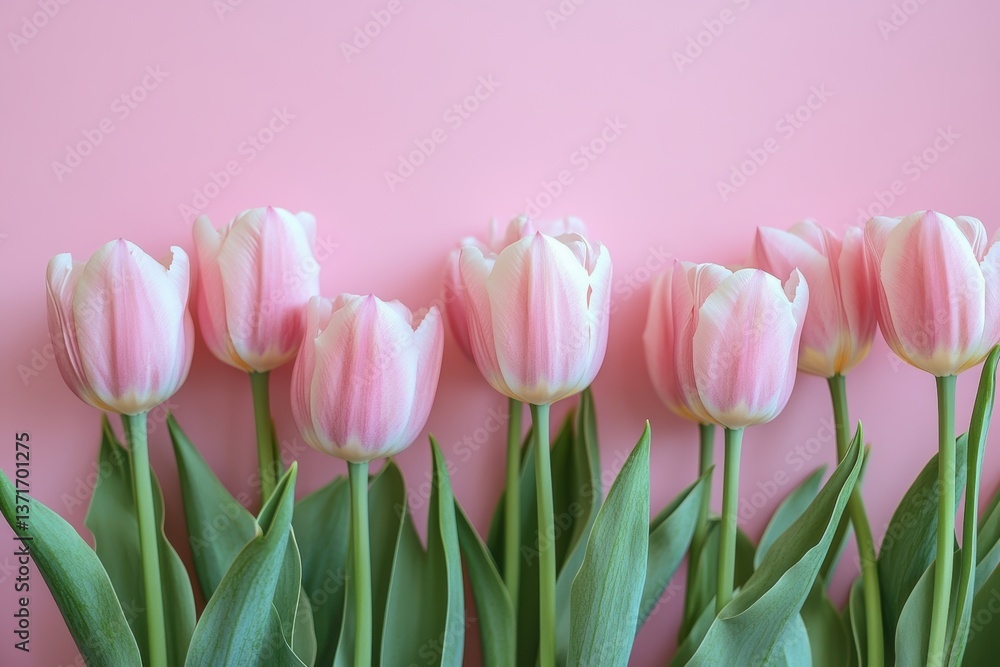 Fototapeta premium Elegant Tulips in Bloom: Delicate pink tulips, arranged in a row, bloom gracefully, their soft petals creating a visual symphony on a complementary background