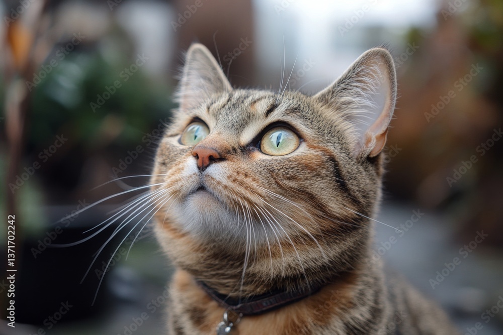 Tabby cat staring upwards with curious expression indoors Tabby cat staring upwards with curious expression indoors
