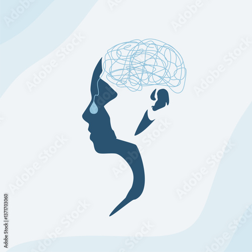 Psychotherapy, stress and psychosis. A human head with a tangled ball of nerves, scribbles symbolizing a depressed state of a person. Psychological help and mental health. Personality disorder