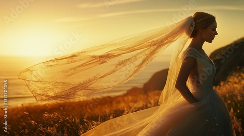 Golden hour bridal portrait with flowing veil on coastal grassland