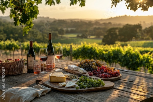 Romantic outdoor picnic setup in vineyard with food and wine in golden light