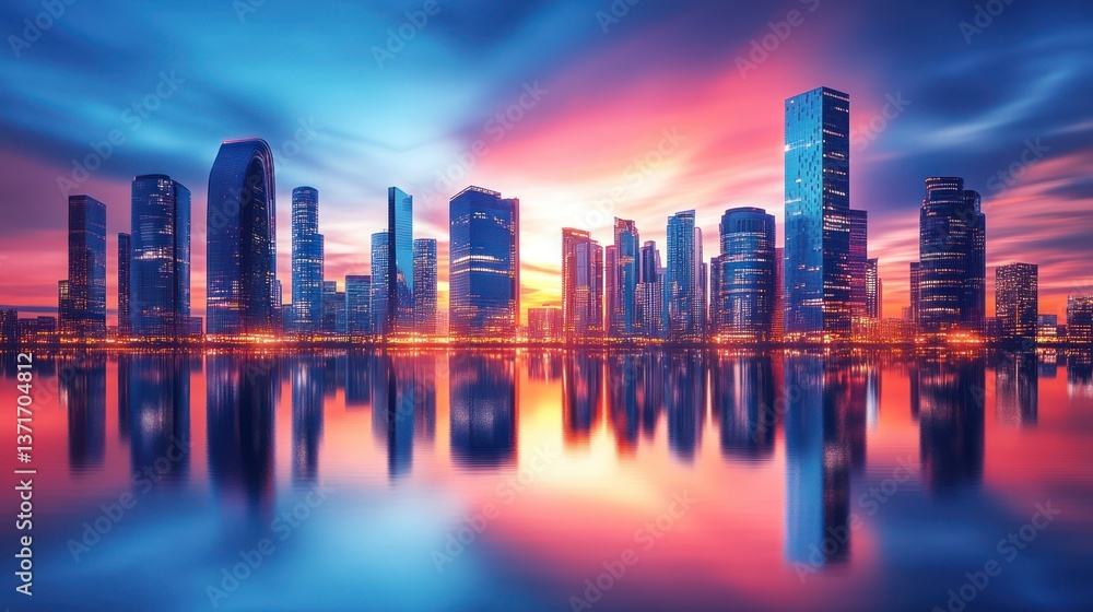 Fototapeta premium Vibrant cityscape with a stunning skyline reflected in calm water.