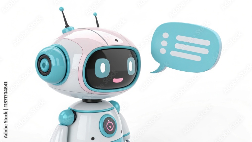 A friendly robot with a smiling face, featuring blue accents and antennas, is depicted with a speech bubble, suggesting communication and interaction.