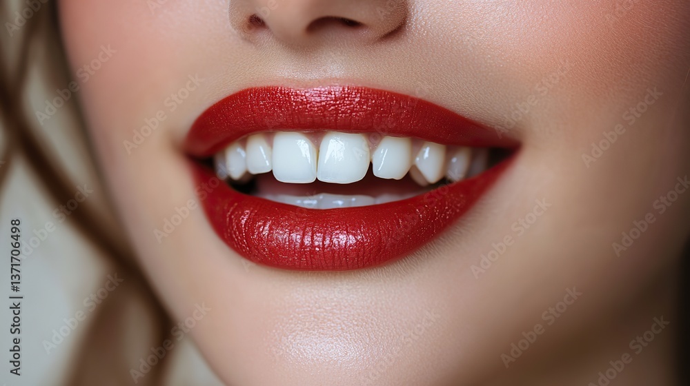 Fototapeta premium White background, diagonal shadow red lips, showing teeth, perfect smile.