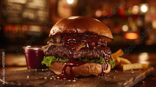 Delicious Gourmet Hamburger with Barbecue Sauce and Fries Displayed