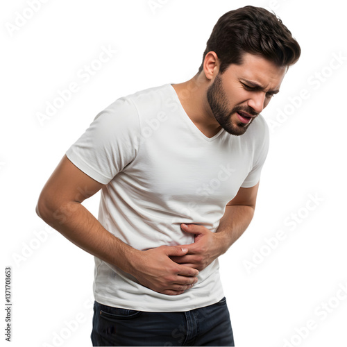 Handsome man with stomachache  pain on a transparent background