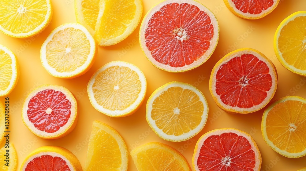 Vibrant citrus fruit halves are arranged on a yellow surface Vibrant citrus fruit halves are arranged on a yellow surface