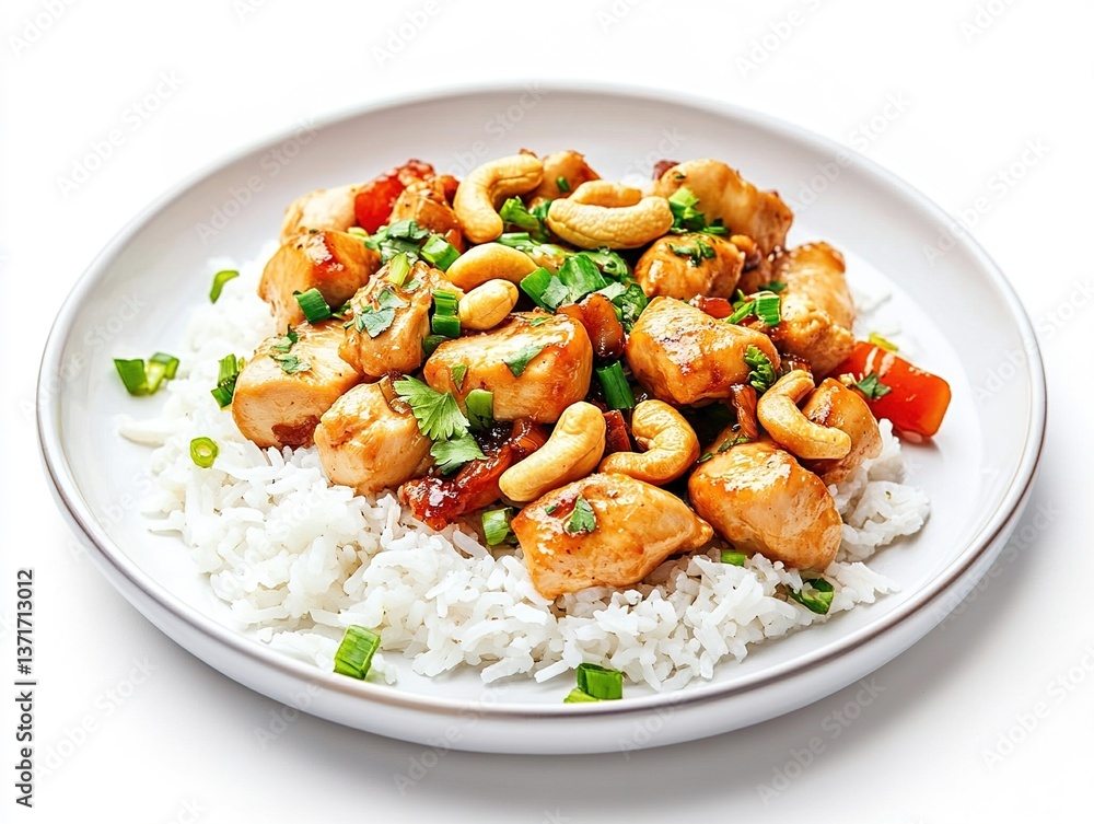 white plate of chicken sauted cashew nuts and rice on white background white plate of chicken sauted cashew nuts and rice on white background