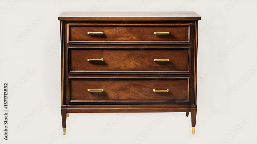 A brown dresser with three drawers and brass handles A brown dresser with three drawers and brass handles