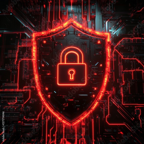 Cybersecurity Shield: Glowing Red Padlock Symbol on Dark, Intricate Circuit Board Illustrating Digital Data Protection.