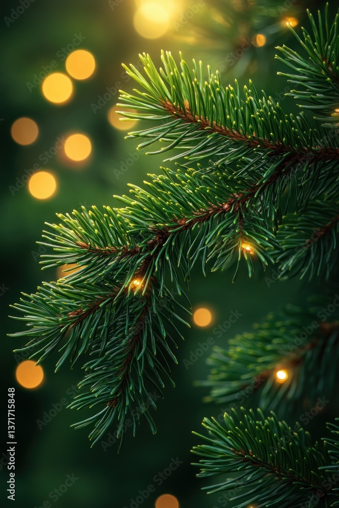 Close-Up of Pine Tree Branches with Bokeh Lights in Natural Setting for Christmas Decoration Close-Up of Pine Tree Branches with Bokeh Lights in Natural Setting for Christmas Decoration