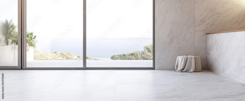 Modern minimalistic interior with large windows revealing coastal views at sunrise Modern minimalistic interior with large windows revealing coastal views at sunrise