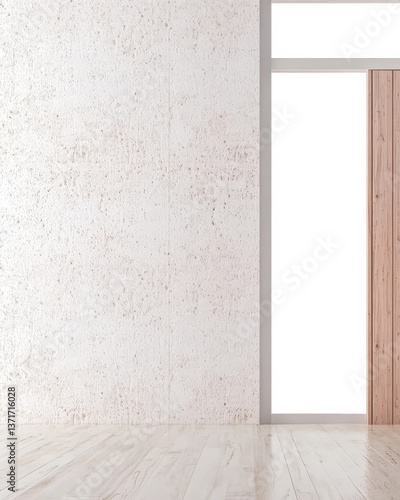 Modern interior design featuring minimalistic walls and wooden door in bright space