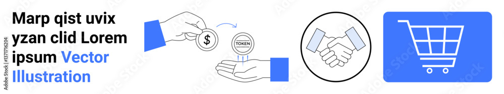Hand giving money, handshake symbol, shopping cart icon in minimal design. Ideal for business, payment, shopping, e-commerce, partnership, financial deals simple landing page Hand giving money, handshake symbol, shopping cart icon in minimal design. Ideal for business, payment, shopping, e-commerce, partnership, financial deals simple landing page