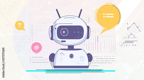 Wallpaper Mural A cartoon robot with a speech bubble on a white background with abstract design elements around it Torontodigital.ca