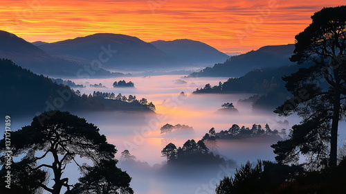 Misty Mountain Sunrise: A Breathtaking Landscape Panorama