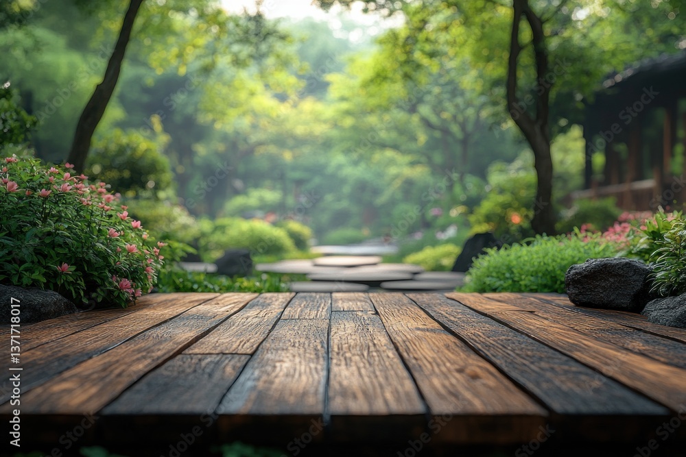 Wooden Table on Bright Lawn with Smooth Planks and Natural Texture Surrounded by Lush Green Garden in Outdoor Setting Wooden Table on Bright Lawn with Smooth Planks and Natural Texture Surrounded by Lush Green Garden in Outdoor Setting